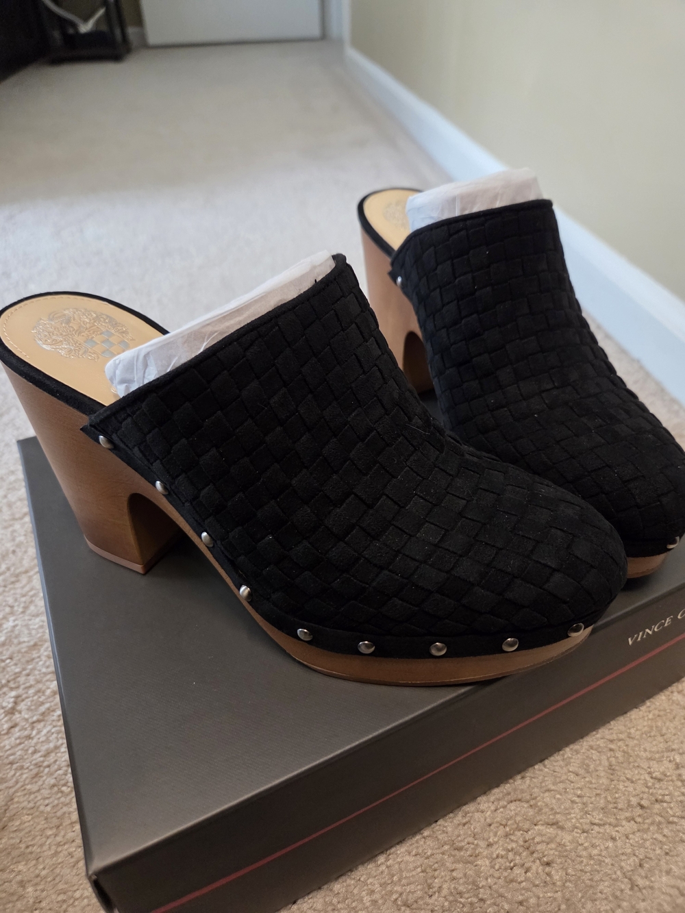 Vince Camuto Cindell Black Woven Suede Platform Clogs - Picture 2 of 6